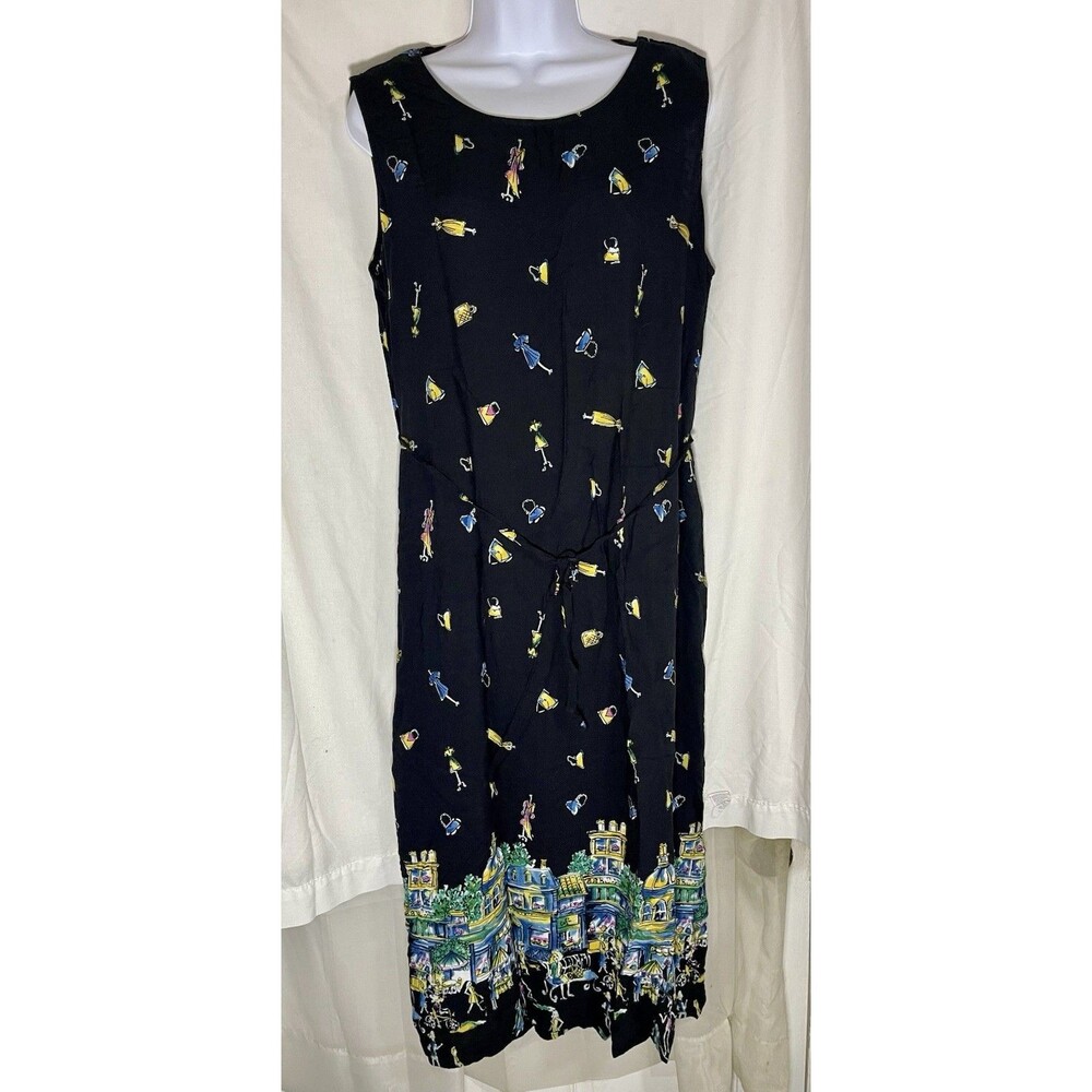 Vintage California Krush Maxi Dress 2X Black Rayon Novelty Paris City Print Tie